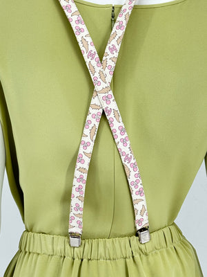 Chanel *Rare* printed suspenders with pink enamel CC logo clips — includes Chanel box
