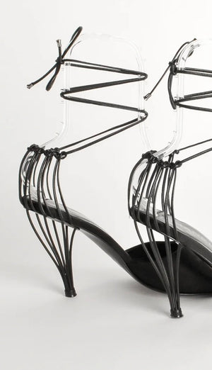 Chanel Black Leather And Satin Birdcage Pointed Toe Ankle Tie Sandals - Size 41