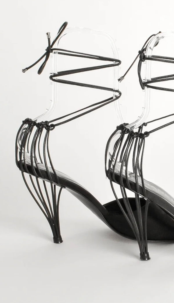 Chanel Black Leather And Satin Birdcage Pointed Toe Ankle Tie Sandals - Size 41