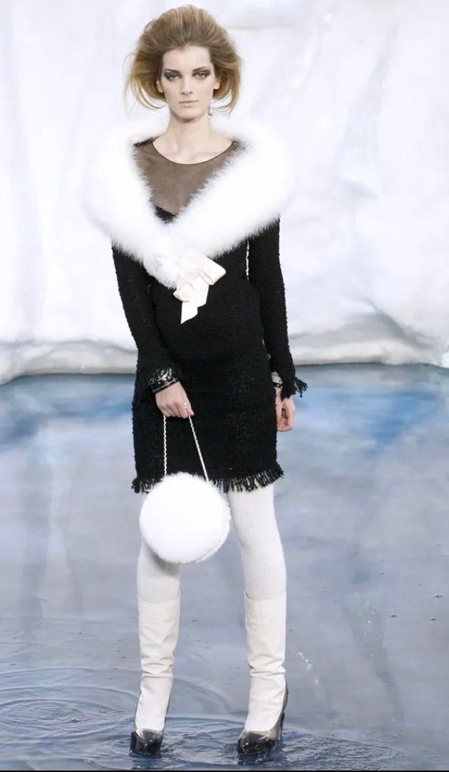 Chanel Runway Fall 2010 Black Wool Tweed Illusion Neckline Dress – Size 38