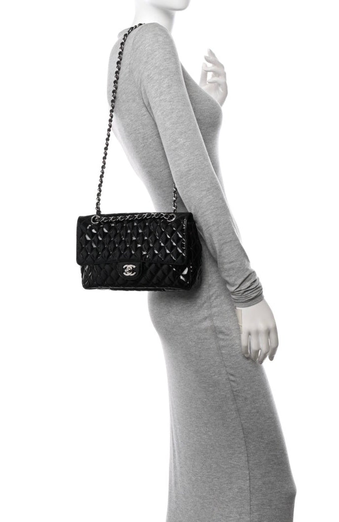 Chanel Black Quilted Patent Leather "Secret Label" Medium Flap Bag