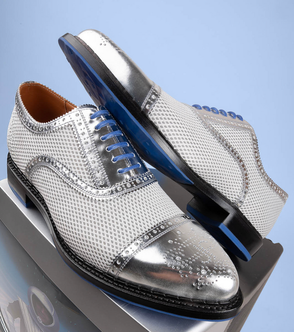 John Fluevog Silver Metallic Mesh & Leather Derby Shoes – Men’s Size 7