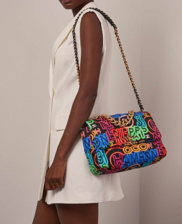 Chanel 19 Flap Bag Quilted Graffiti Print Fabric - Medium