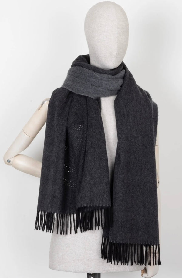 Chanel Laser Cut CC Fringed Scarf Grey Cashmere