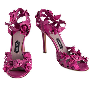 Tom Ford Magenta Floral Cutout Leather Sandals – Size 37 – Very Good Preowned Condition