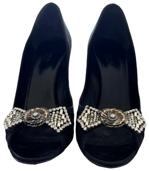 Gucci Black Satin Crystal Bow Embellished Peep Toe Pumps - Size 39