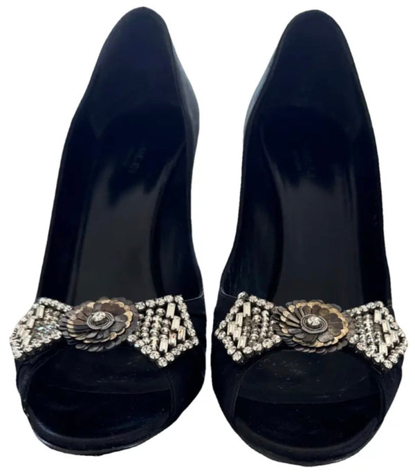 Gucci Black Satin Crystal Bow Embellished Peep Toe Pumps - Size 39