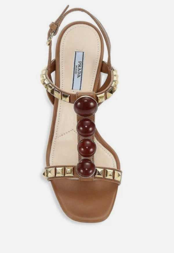 PRADA Cognac Brown Jeweled Stones Studded Sandal - Sz 39