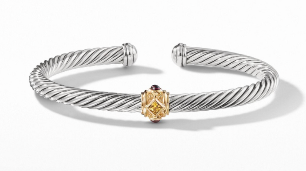 David Yurman Sterling Gold 5mm Citrine Garnet Renaissance Cable Cuff Bracelet