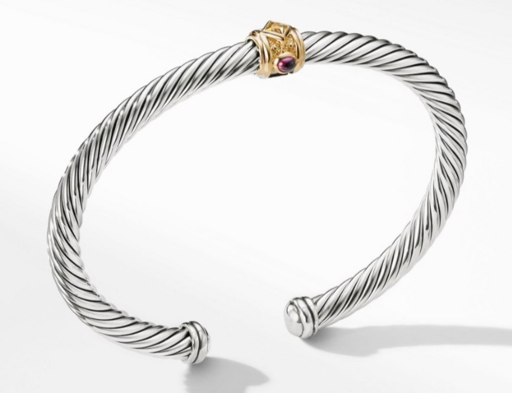 David Yurman Sterling Gold 5mm Citrine Garnet Renaissance Cable Cuff Bracelet