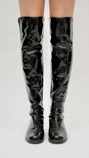 Stuart Weitzman 50/50 Over-the-Knee Boots in Black Patent Leather – Size 9.5
