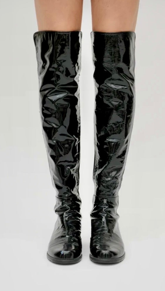 Stuart Weitzman 50/50 Over-the-Knee Boots in Black Patent Leather – Size 9.5