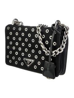 Prada Tessuto Nylon Soft Calf Grommet Chain Shoulder Bag Nero Black