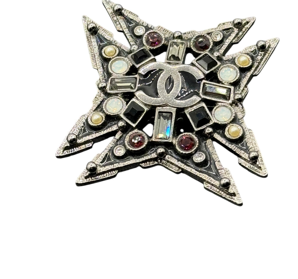 Chanel Strass & Faux Pearl Maltese Cross CC Brooch Pendant