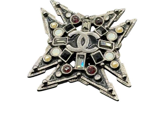 Chanel Strass & Faux Pearl Maltese Cross CC Brooch Pendant