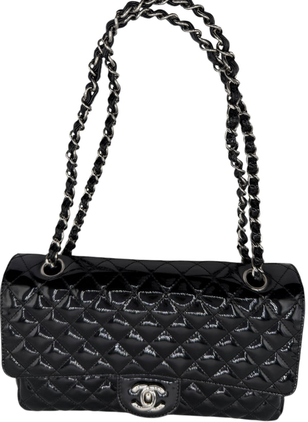 Chanel Black Quilted Patent Leather "Secret Label" Medium Flap Bag