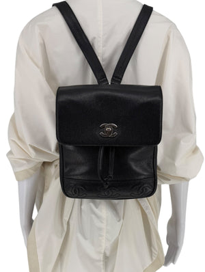 Chanel 1996-1997 Black Caviar Triple CC Backpack - Silver Hardware *RARE*