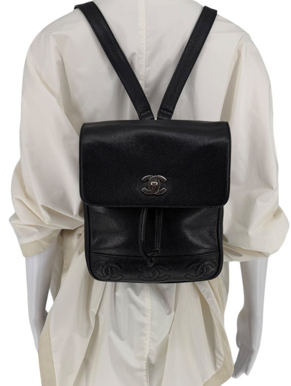 Chanel 1996-1997 Black Caviar Triple CC Backpack - Silver Hardware *RARE*