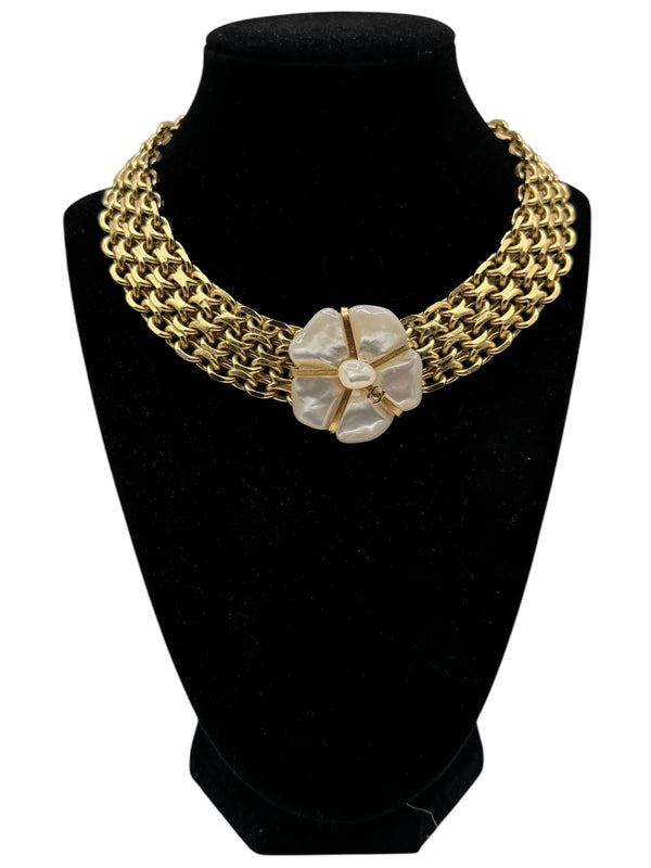 Chanel Mother Of Pearl Camellia Gold Choker/Necklace
