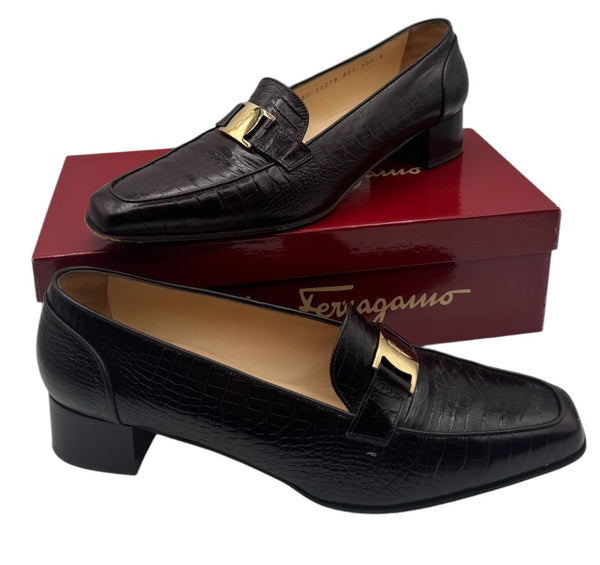 Salvatore Ferragamo Black Croc-Embossed Leather Loafers with Gold Gancini – Size 10.5 B (Made in Italy)