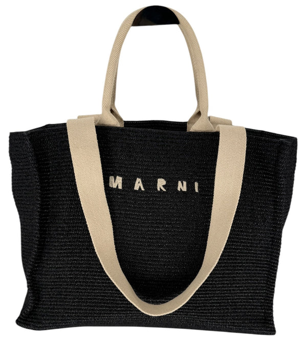 Marni Large Tote in Black raffia-effect fabric