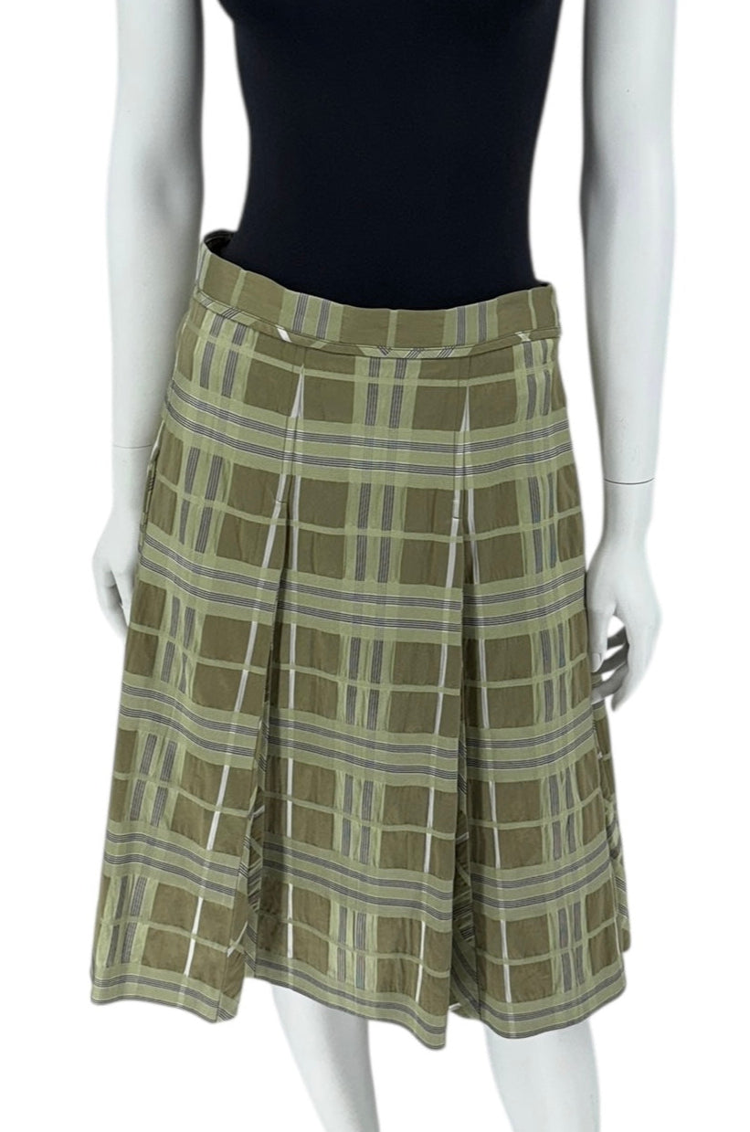 Burberry Matcha Green & Beige Plaid Cotton & Silk Pleated Skirt - Size US 12