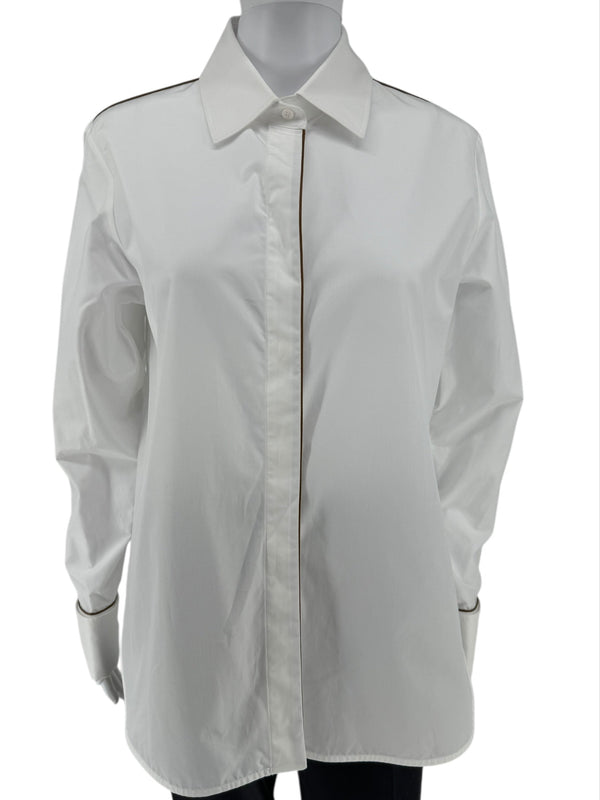 MaxMara White Cotton Dress Shirt with Brown Trim – Size 44 (IT)