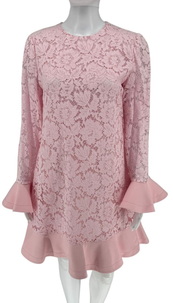 Valentino Pink Lace Overlay Ruffle Sleeve/Trim Longsleeve Dress