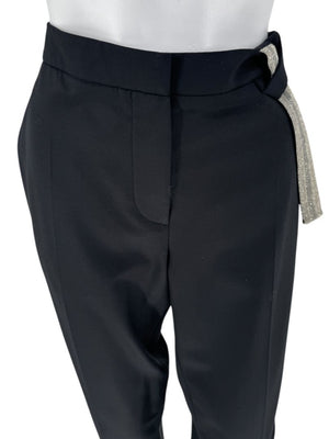 Brunello Cucinelli Black Tapered Trousers with Monili Bead Belt - Size 8