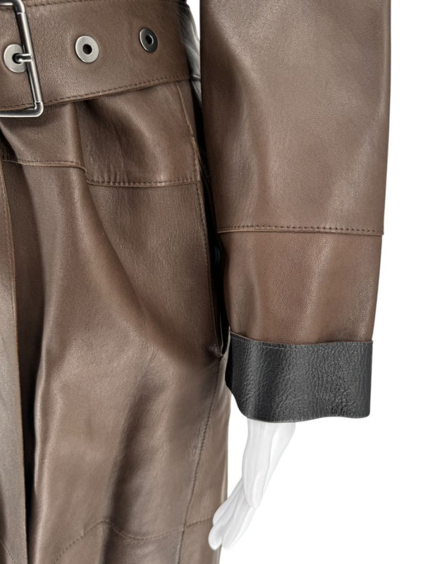 Brunello Cucinelli Chocolate Leather Belted Coat - Size 4