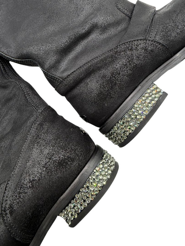 Jimmy Choo Black Suede Buckle Boots with Crystal Heels – Size 39.5