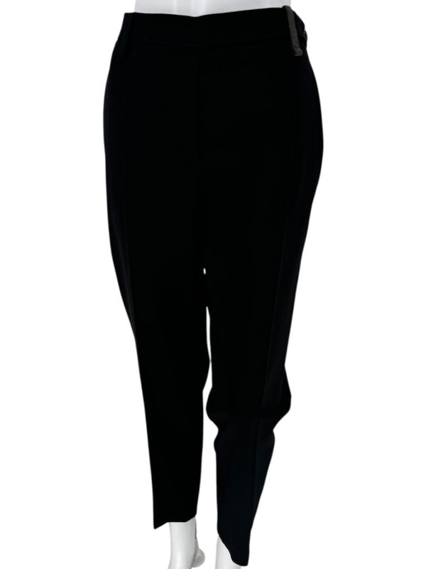 Brunello Cucinelli Black Tapered Wool Trousers with Monili Belt Loop-Size 10