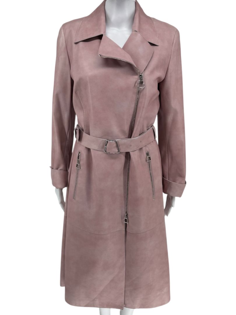 Akris Lamb Nappa Leather Moto Trench in Dusty Rose – Size 8