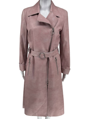 Akris Lamb Nappa Leather Moto Trench in Dusty Rose – Size 8