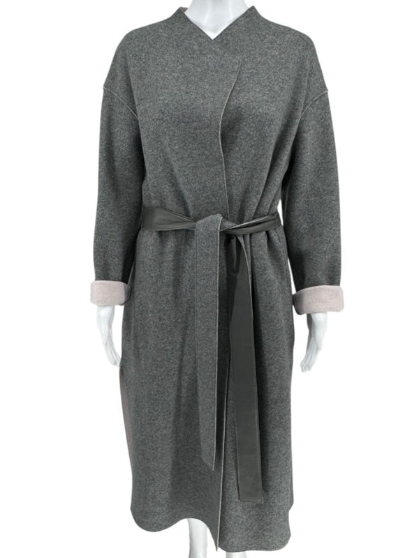 Agona Gray Double-Faced Cashmere Wrap Coat with Leather Belt – Size IT 42 (US 6)