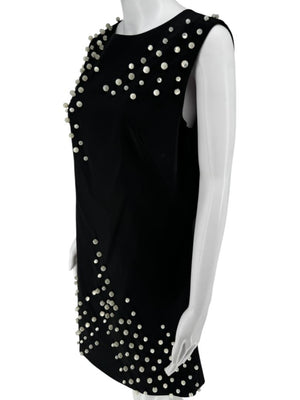 Pamella Roland Black Sleeveless Shift Dress with Pearl Embellishments – Large