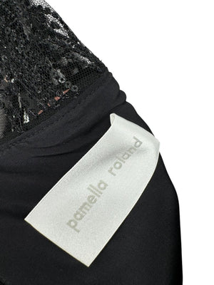 Pamella Roland Black Embellished Mesh Sleeve Cocktail Dress – Large