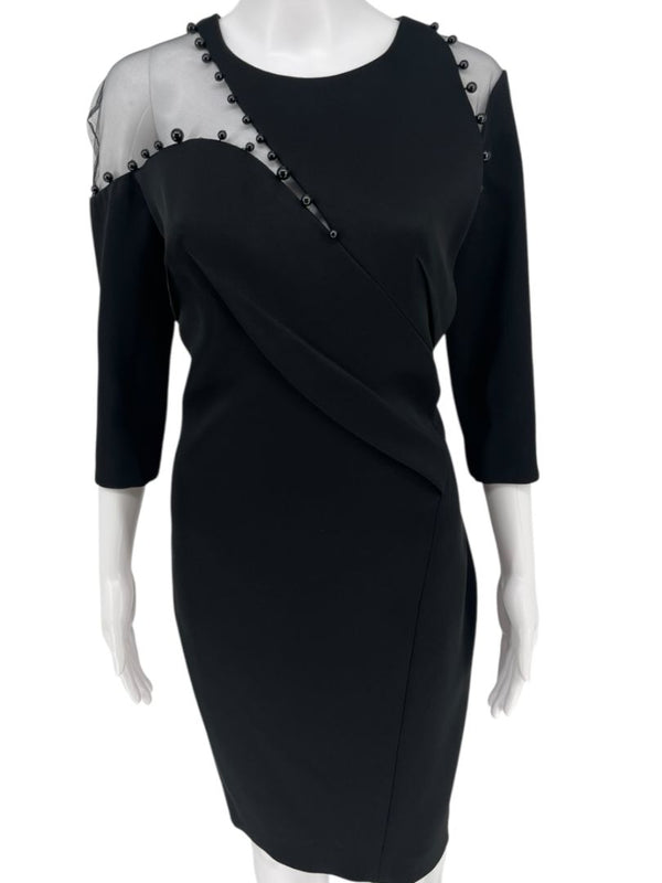 Pamella Roland Black Illusion Cutout Sheath Dress with Beaded Trim – Large
