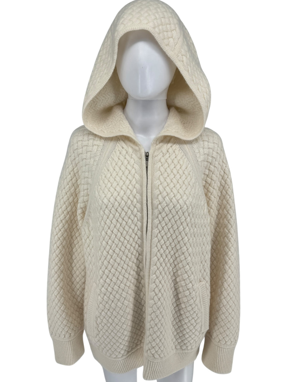 CO Ivory Basketweave Knit Hooded Zip Sweater - Size M