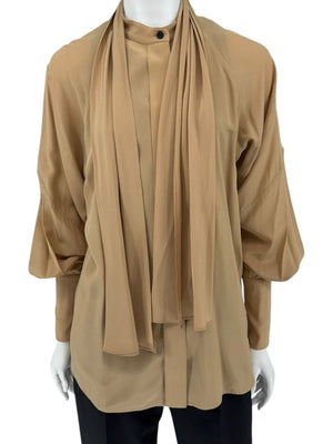 Victoria Beckham Camel Silk Tie-Neck Blouse – Size US 6- NWT