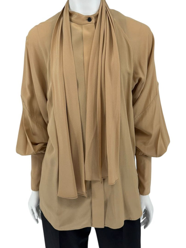 Victoria Beckham Camel Silk Tie-Neck Blouse – Size US 6- NWT