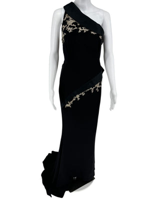 Pamella Roland Black One-Shoulder Gown with Embroidered Gold Appliqué - Large