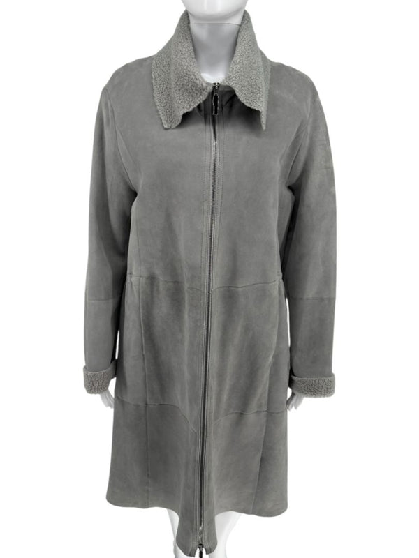 Hugo Boss Grey Shearling-Lined Suede Coat – Size Large
