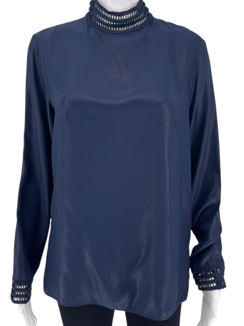 Akris Navy Mulberry Silk Blouse with Jewelry Trim – Size US 8 / FR 40 / DE 38