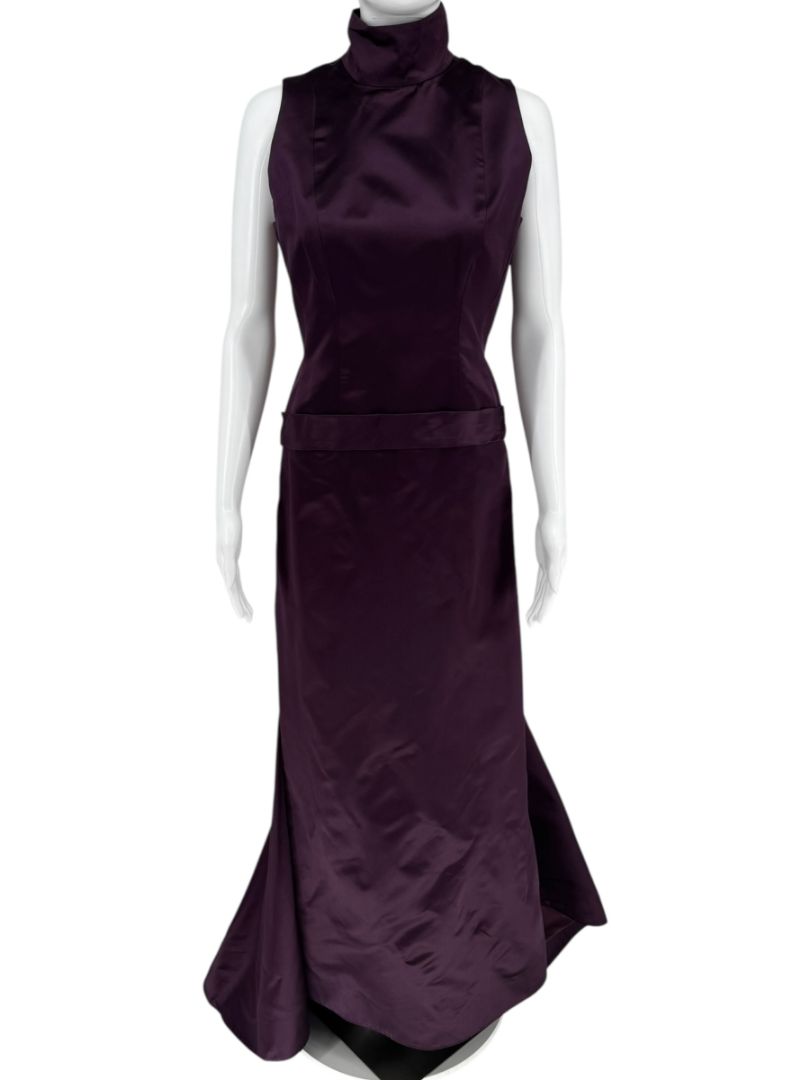 Pamella Roland Plum High Neck Sleeveless Gown with Back Bow Detail – Large