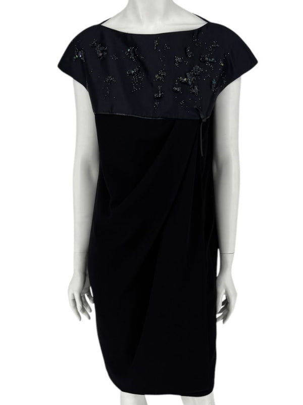 Atelier Caito for Herve Pierre Black Beaded Yoke Draped Dress – Size 12