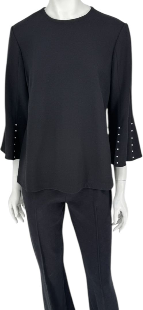 Lela Rose Black Wool-Blend Bell Sleeve Top with Pearl Trim – Size 6