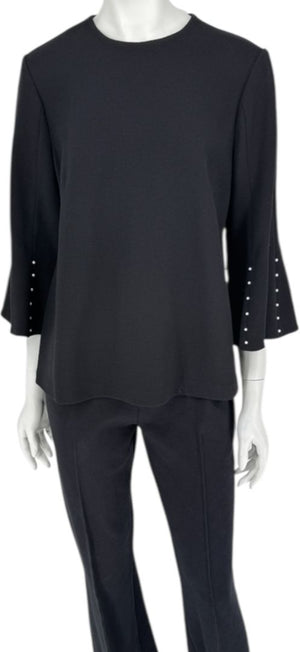 Lela Rose Black Wool-Blend Bell Sleeve Top with Pearl Trim – Size 6