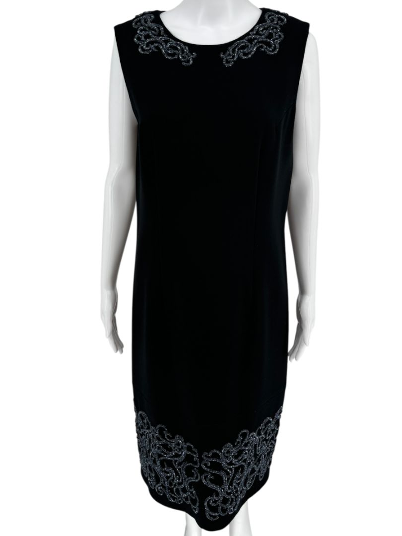 Pamella Roland Black Sleeveless Sheath Dress with Beaded Scroll Embellishment – Large