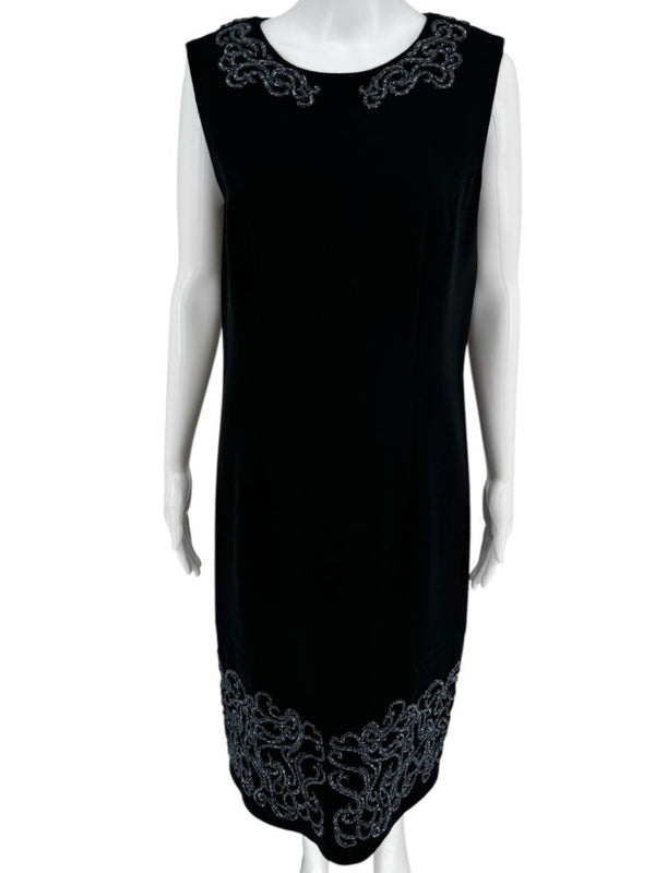 Pamella Roland Black Sleeveless Sheath Dress with Beaded Scroll Embellishment – Large